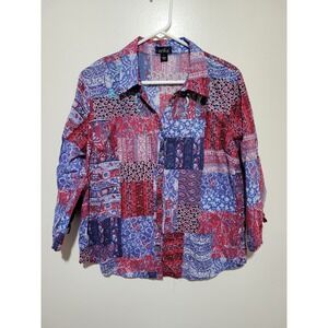 Erika Patchwork Blouse Women Large Red Blue Sequin Cotton Boho Button Up
